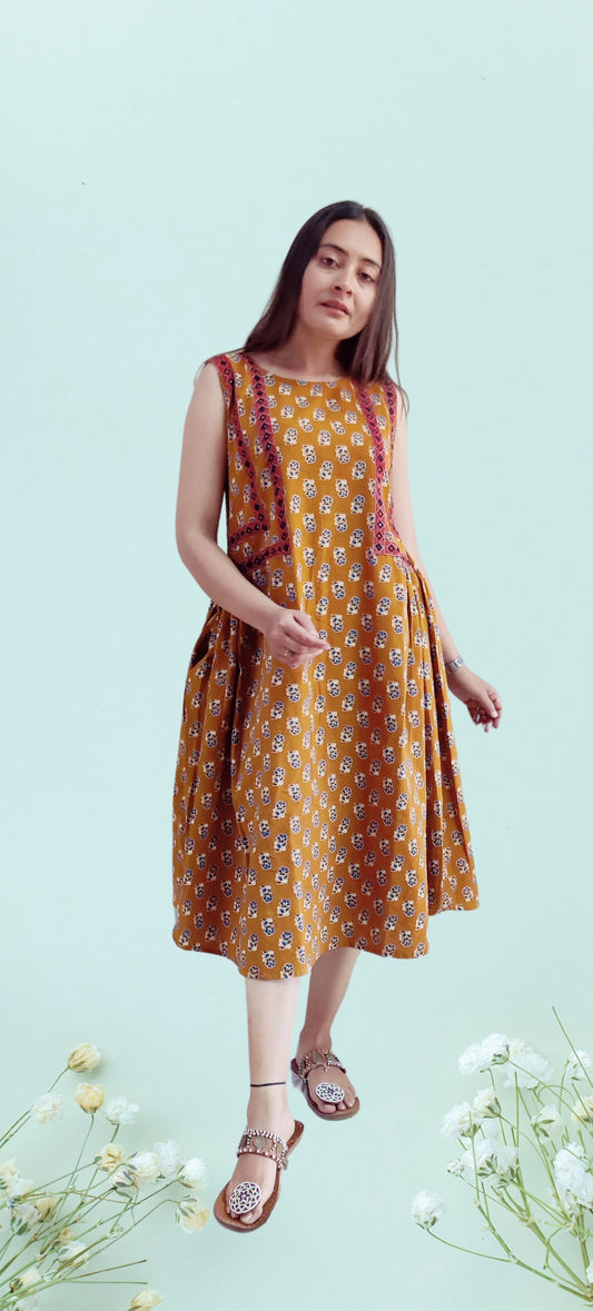 "ANERI" Mustard yellow mirror work frock style kurti