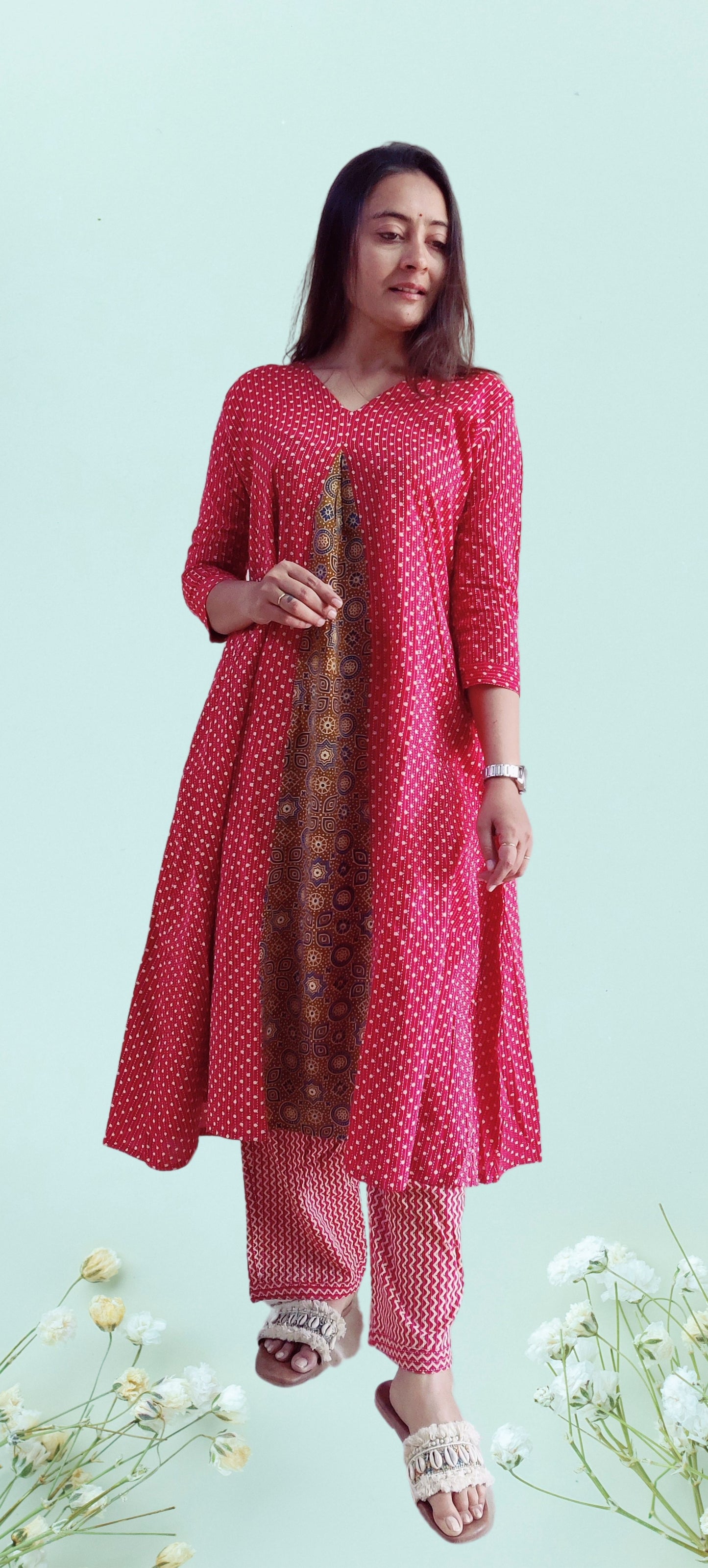 "ANOKHI" Katha cotton panel style kurti pant set