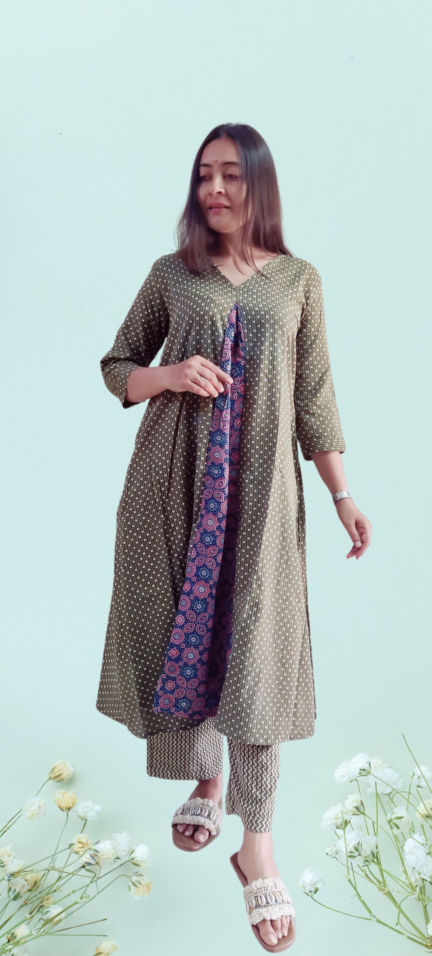 "Anokhi" green katha cotton kurti pant set