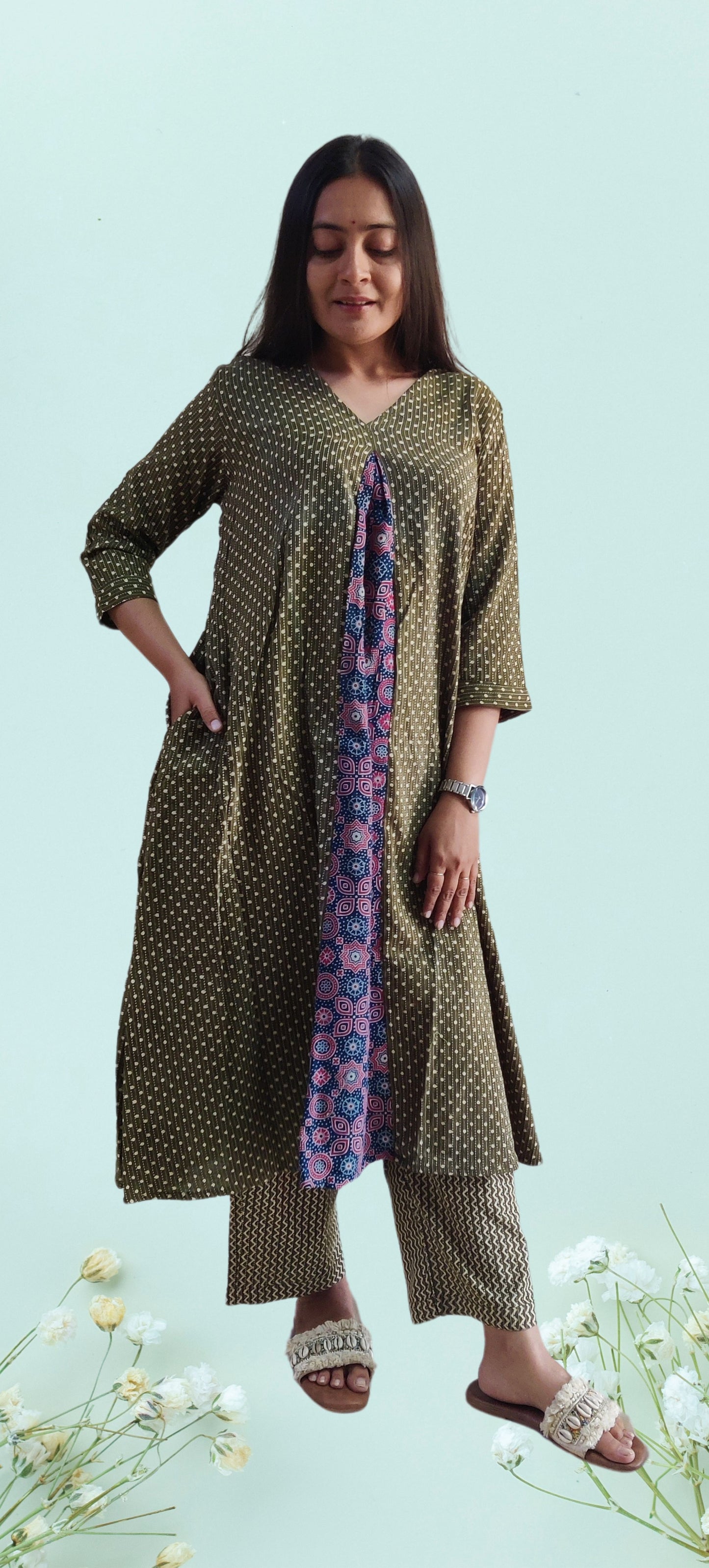 "Anokhi" green katha cotton kurti pant set