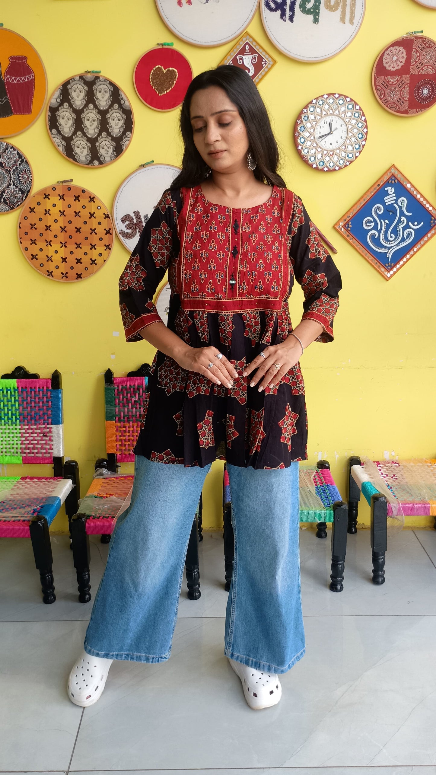 "Anshi" Black Natural mirror work peplum top
