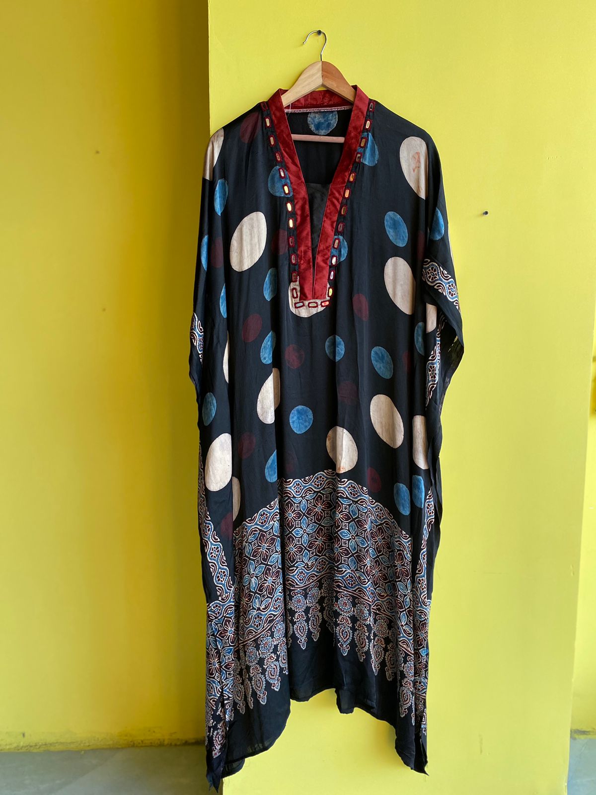 "Gita" black mirror work ajrakh print modal kaftan