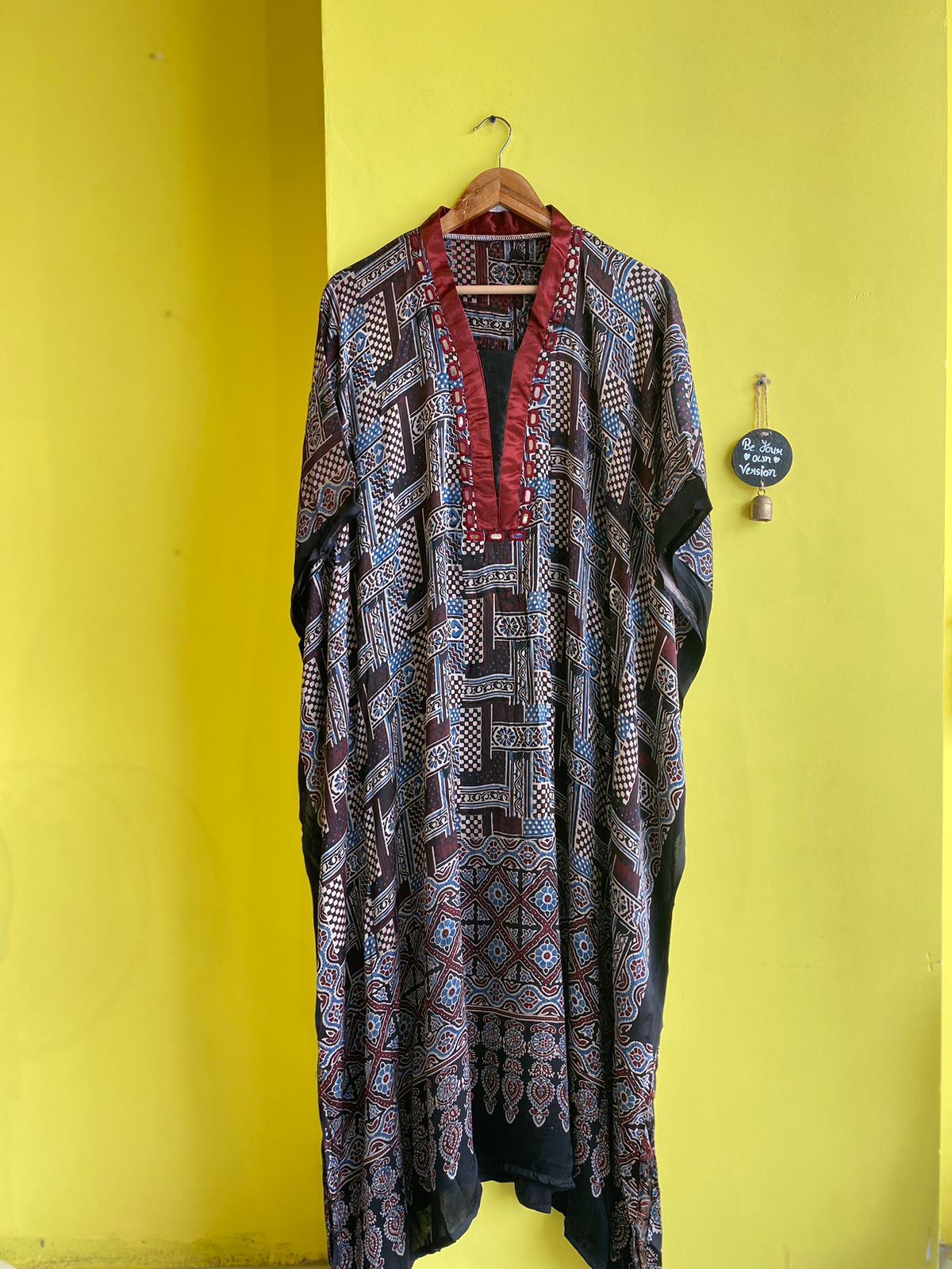 "Gita" Ajrakh print modal mirror work long kaftan