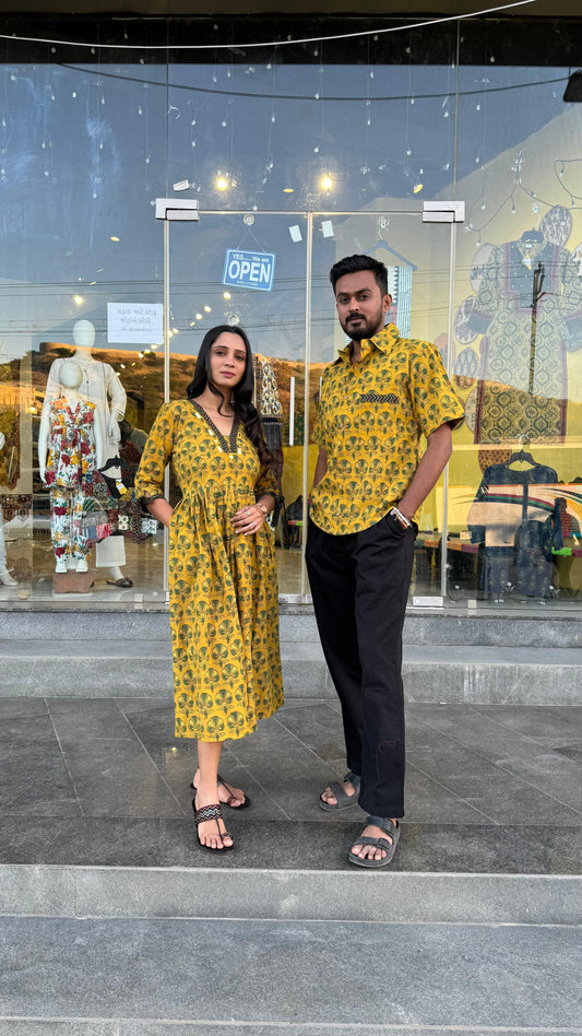 "Couple twinning "Natural cotton kurti with matching cotton shirt combo outfit