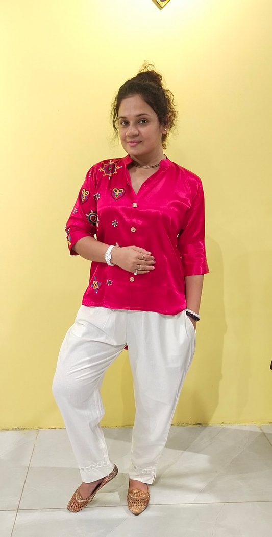 "Astha" Pink Mashroo kutchi work shirt