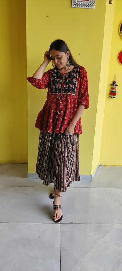 "Kulsum" Ajakh peplum top with kali plazzo co-ord set