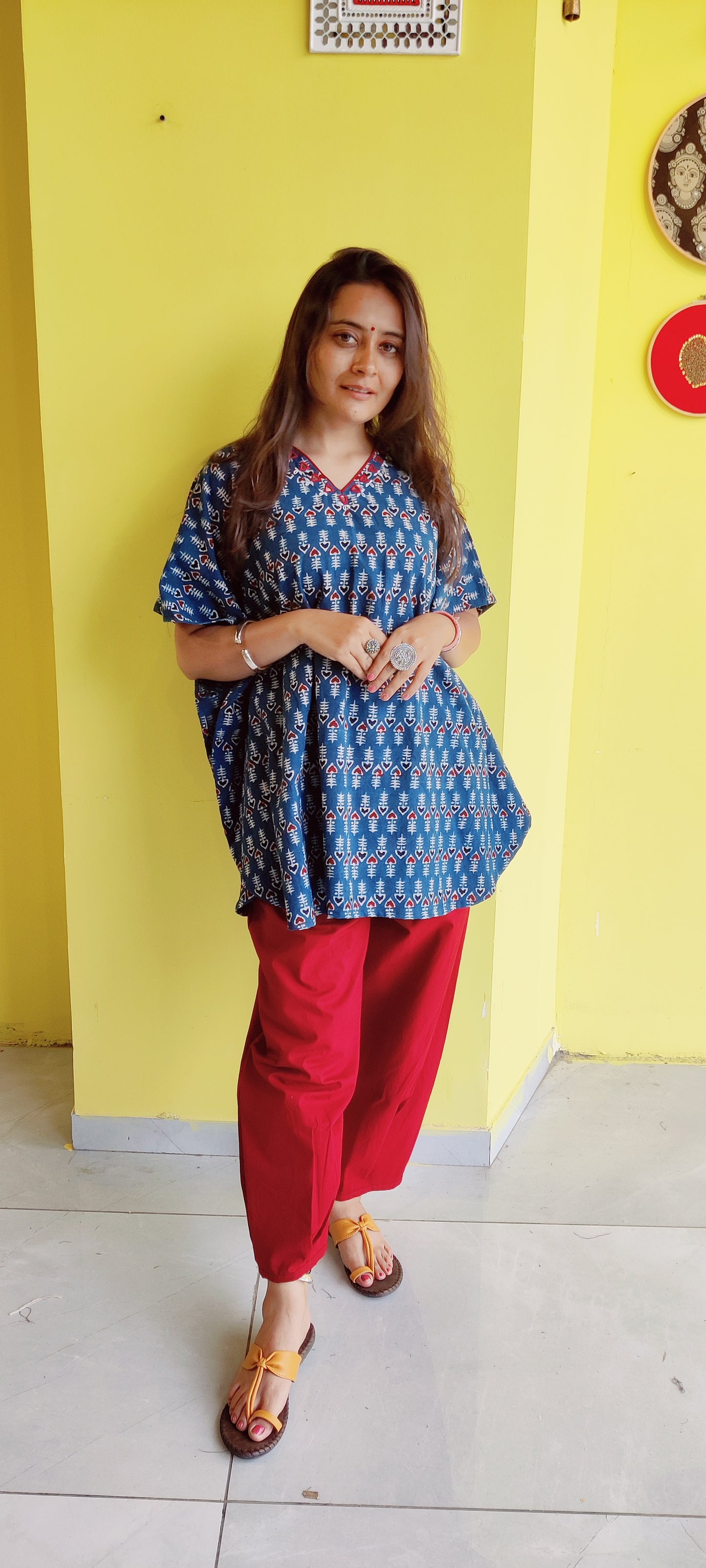 "Ankita" Natural handblock cotton blue kaftan style co-ord set