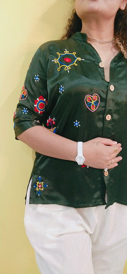 "Astha" Green Mashroo hand work shirt