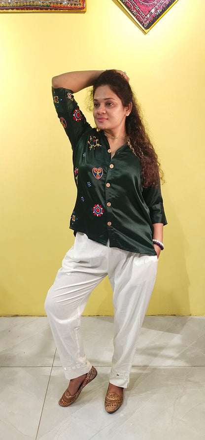 "Astha" Green Mashroo hand work shirt