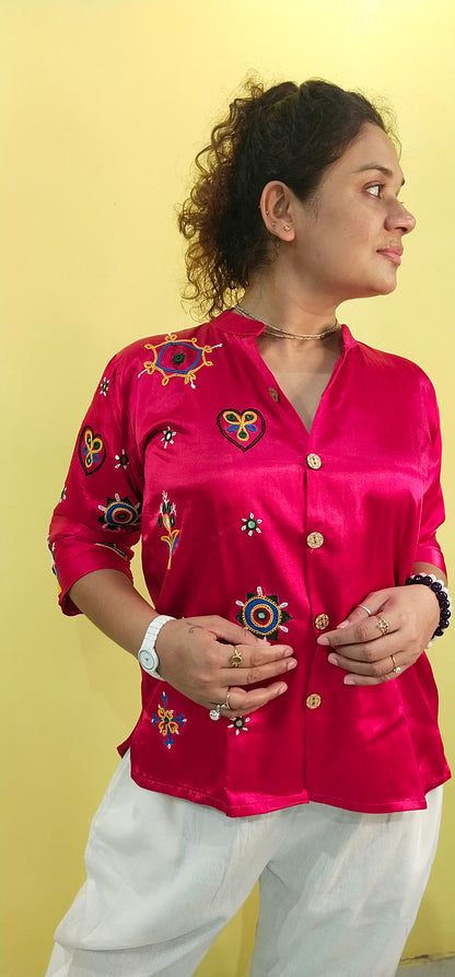 "Astha" Pink Mashroo kutchi work shirt