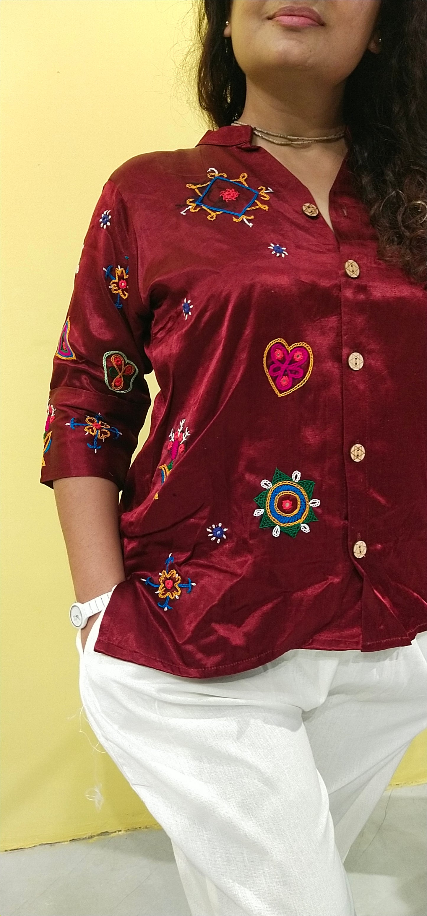 "Astha" Maroon plain mashroo hand work shirt