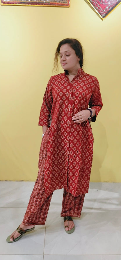 "Satarupa" Ajrakh handblock cotton  kurti pant set