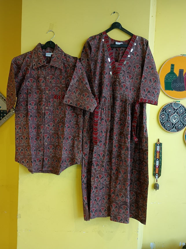 "Couple twinning "Natural cotton kurti with matching cotton shirt combo outfit