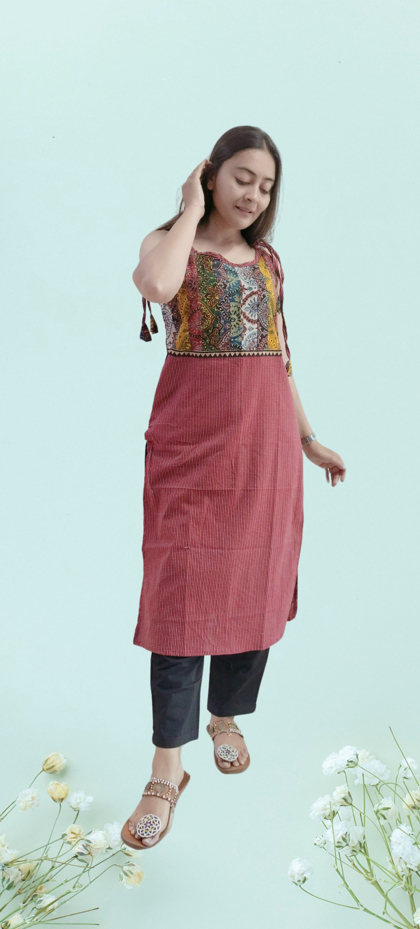 "MAHI"Maroon plain katha spaghetti kurti