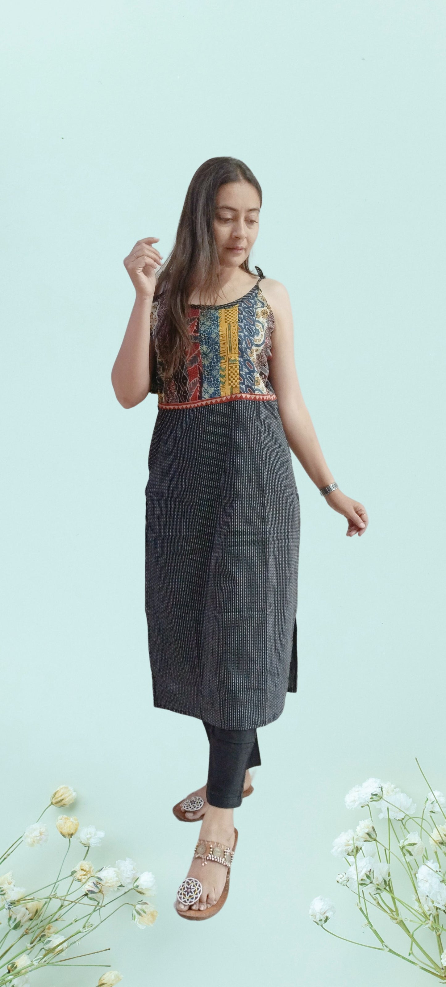 "MAHI" Plain black katha cotton spaghetti kurti