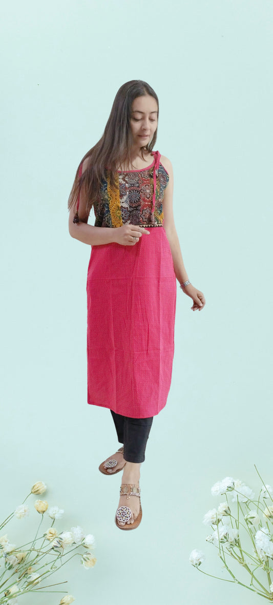 "MAHI" Pink plain katha spaghetti kurti