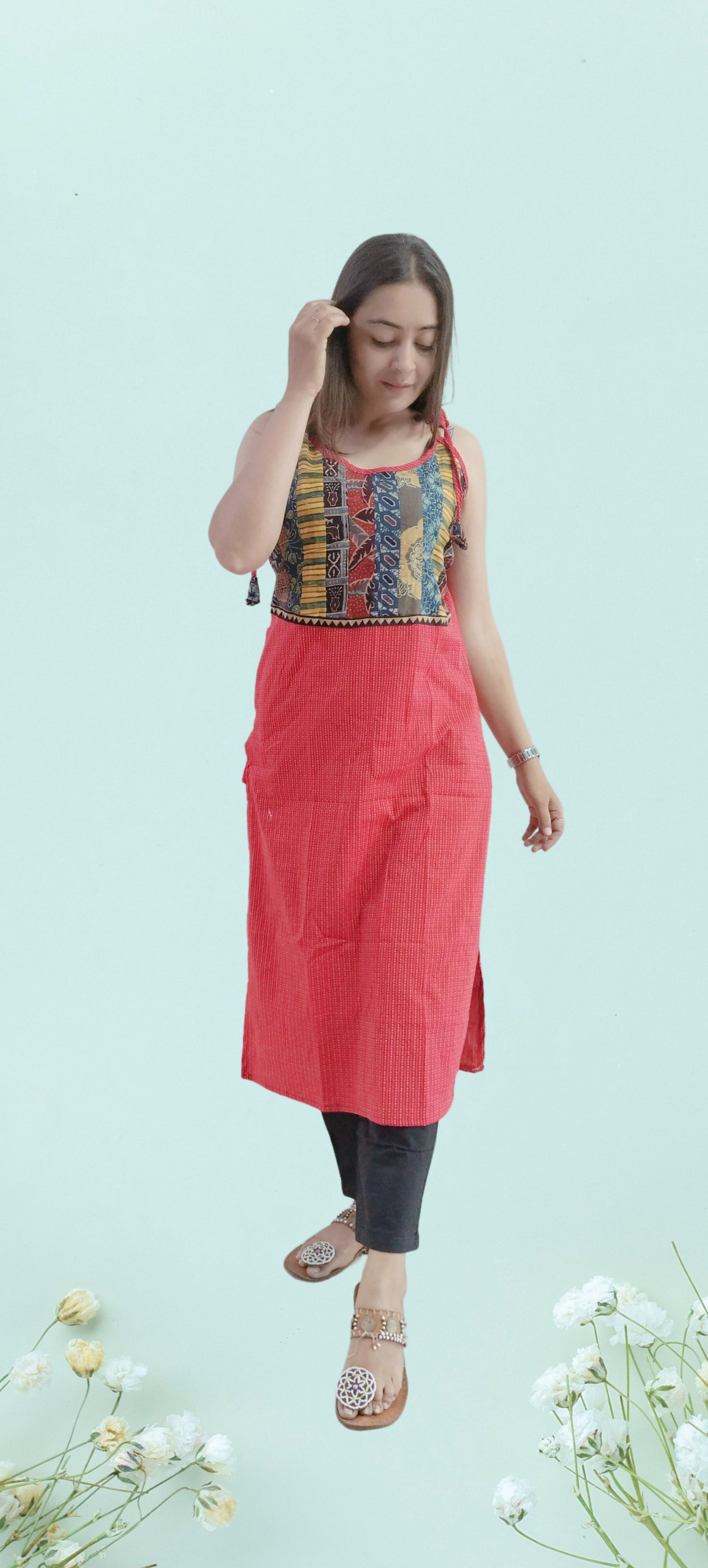 "MAHI" Plain red katha cotton spaghetti kurti