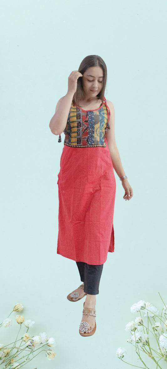 "MAHI" Plain red katha cotton spaghetti kurti