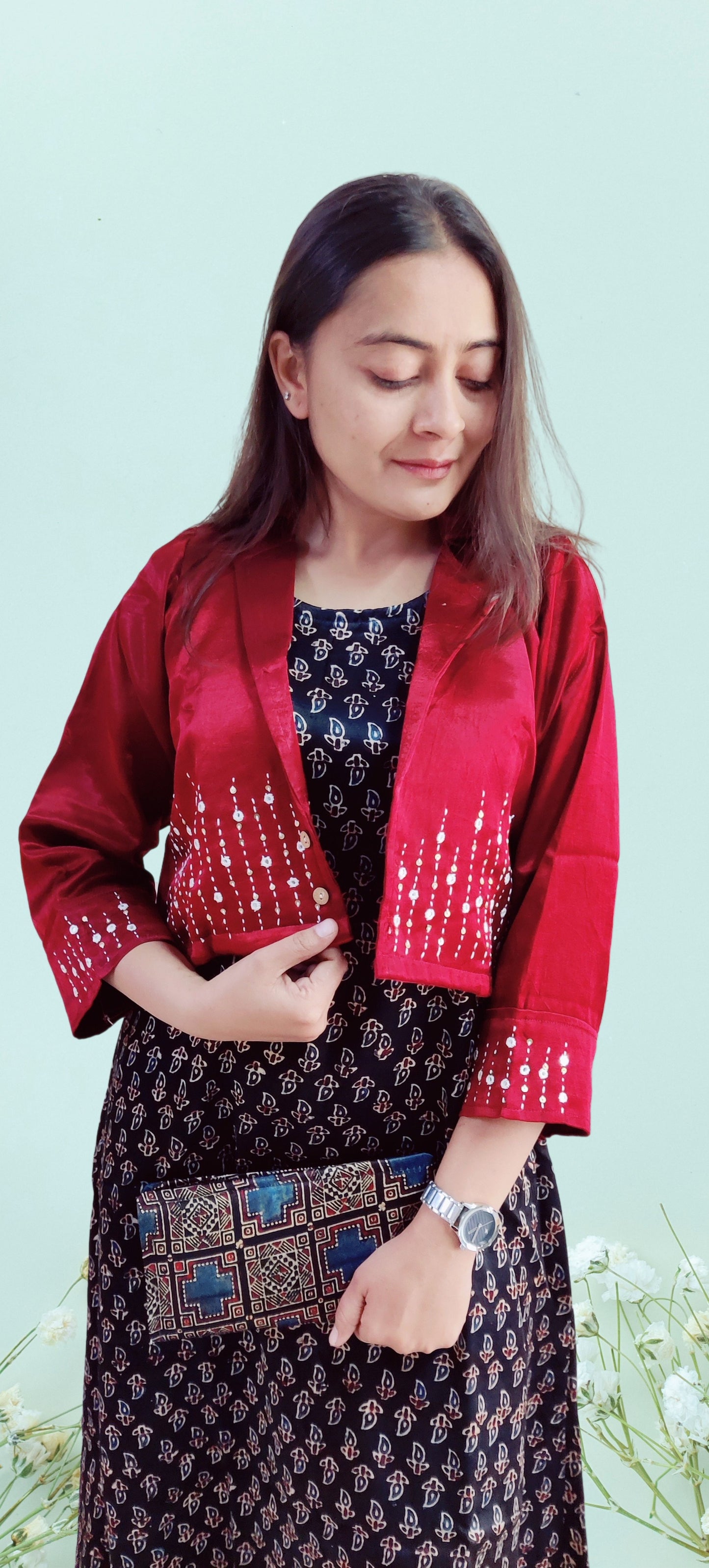 "NITYA" Mashroo printed kurti with mirror work jacket