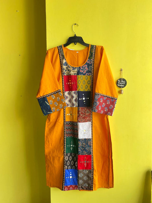 "Aneri"Mustard Plain mirror work panel kurti