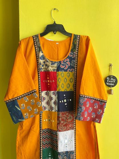 "Aneri"Mustard Plain mirror work panel kurti