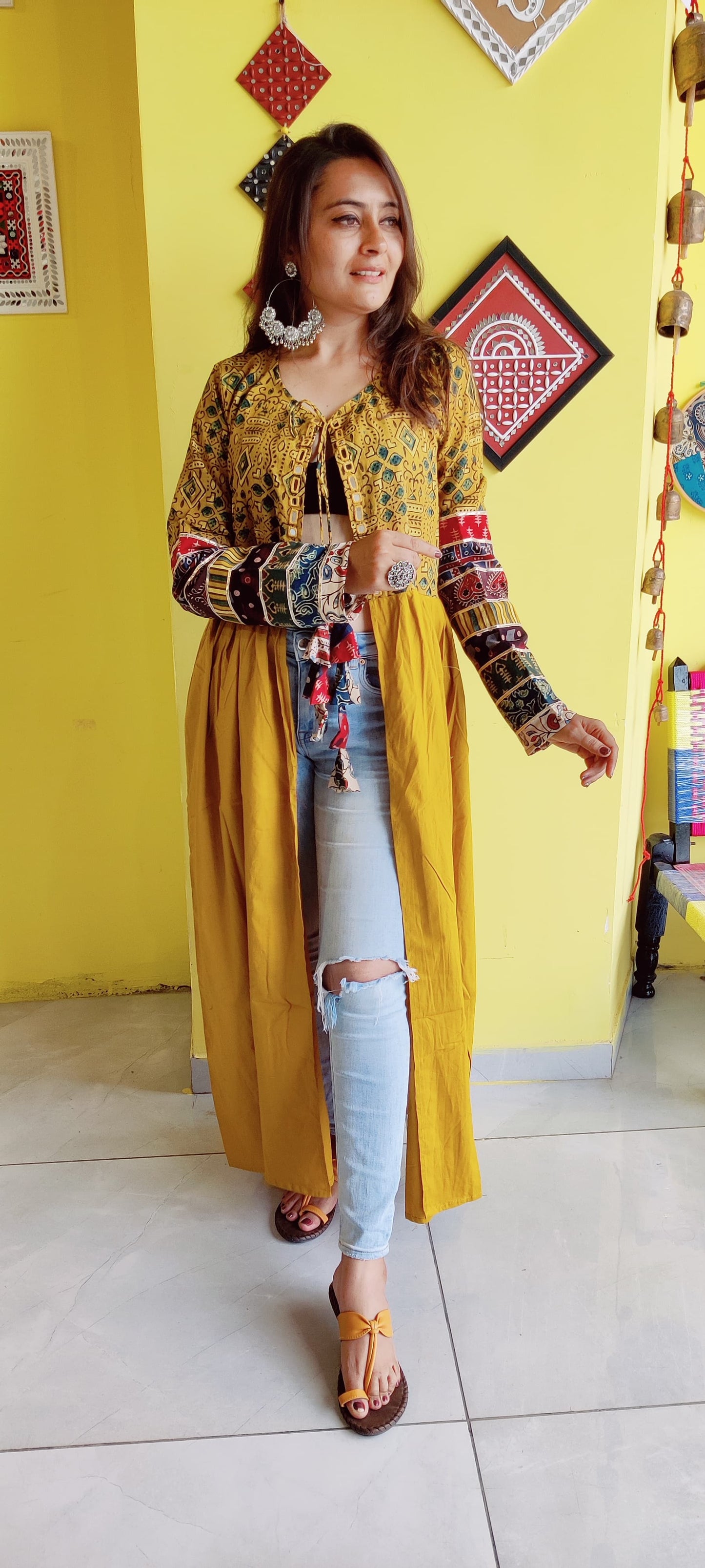 Yellow cotton mirror work long jacket