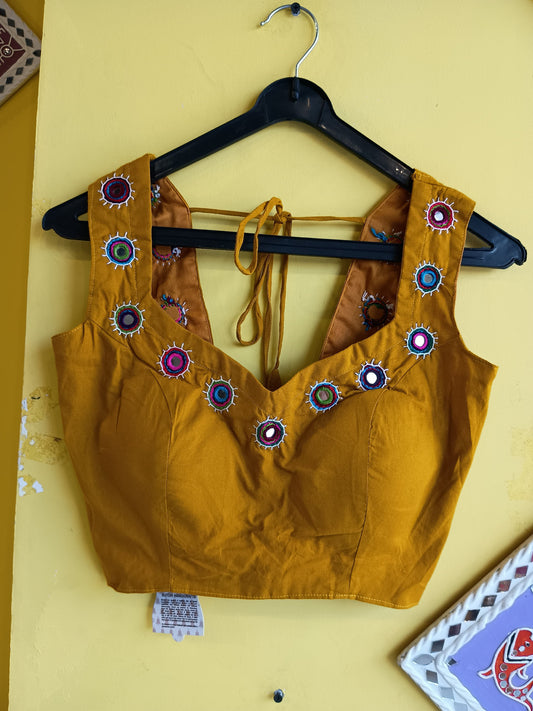 "Kriva" Mustard Yellow Mirror work cotton blouse