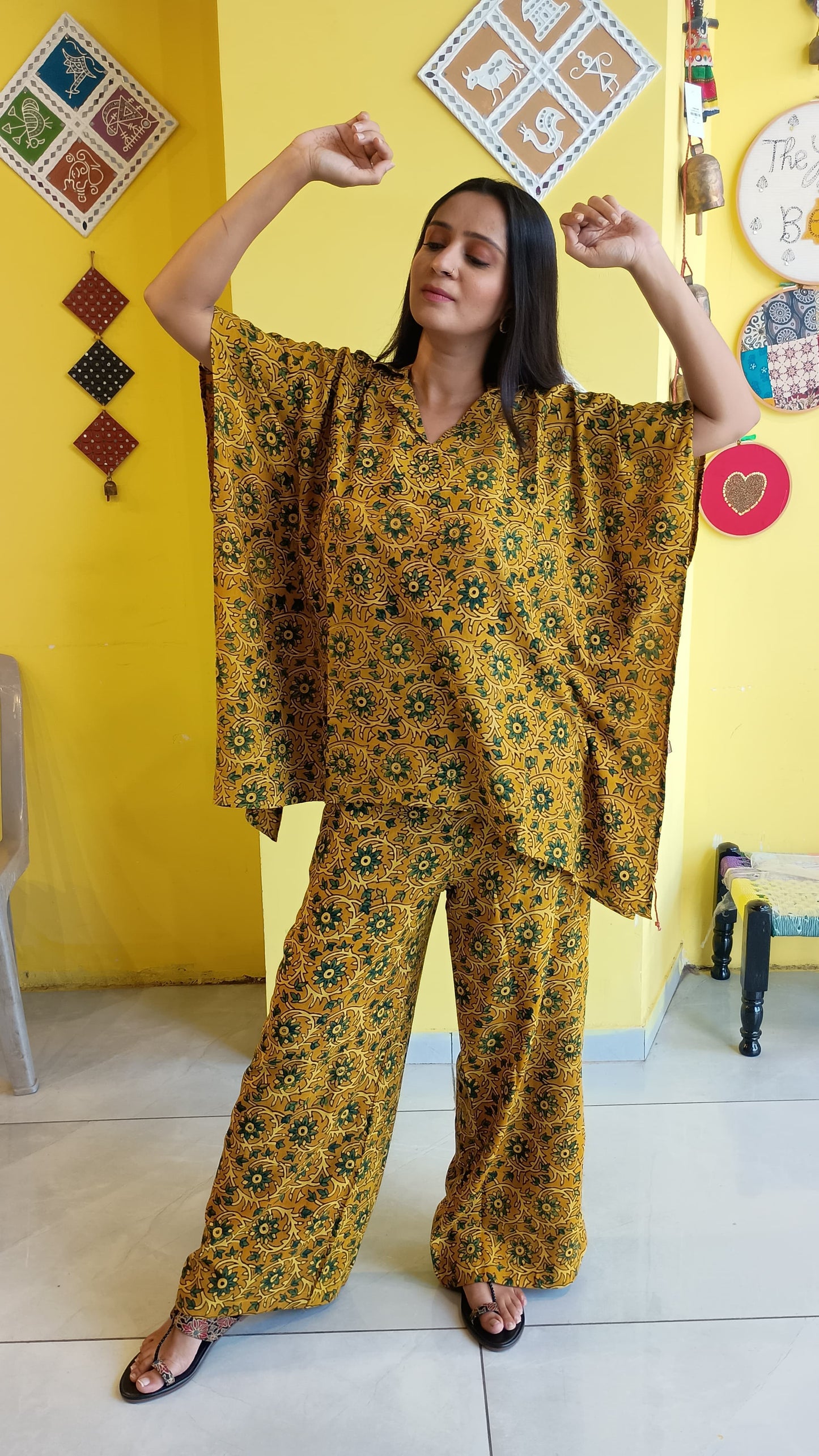 ''Nikita'' natural rayon kaftan style co-ord set