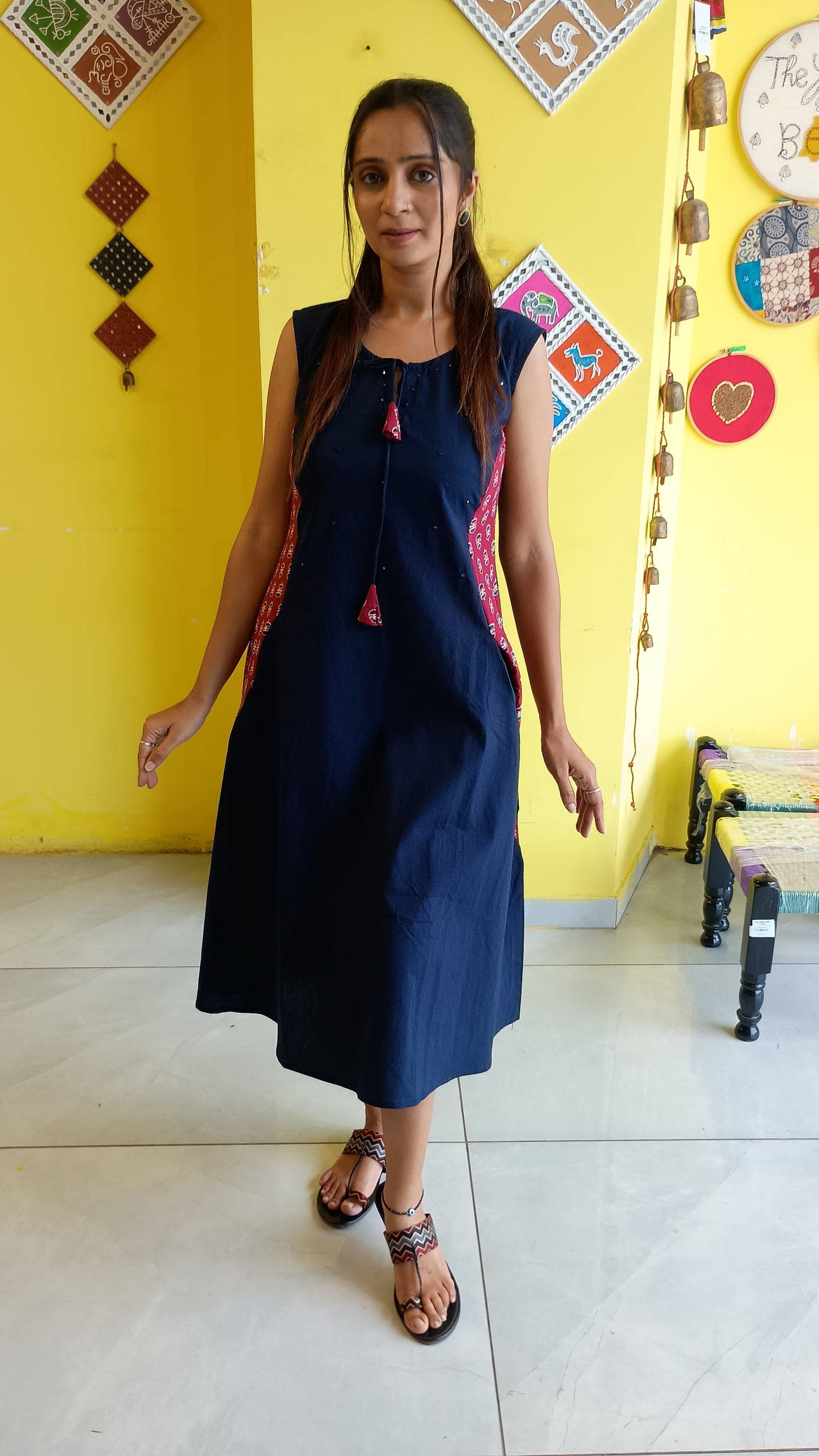 ''Ishika" plain cotton mirror work kurti