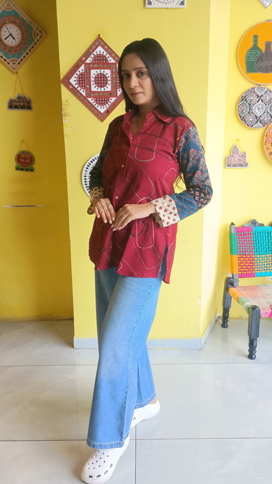 "Vidya"Maroon Natural cotton multi patti sleeves shirt