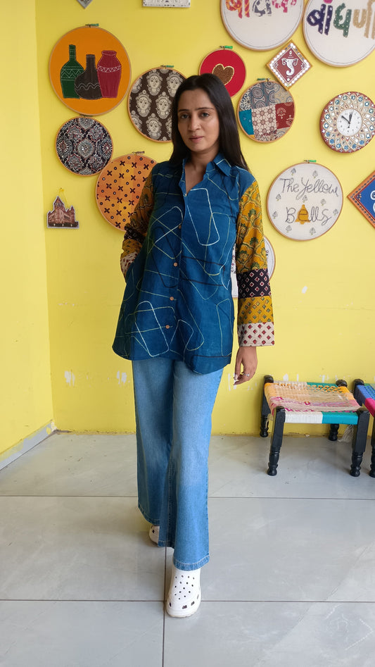 "Vidya"  blue cotton multi patti sleeves shirt