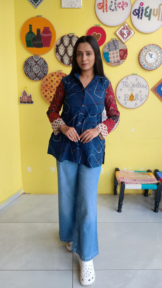 "Vidya"  blue cotton multi patti sleeves shirt (Copy)