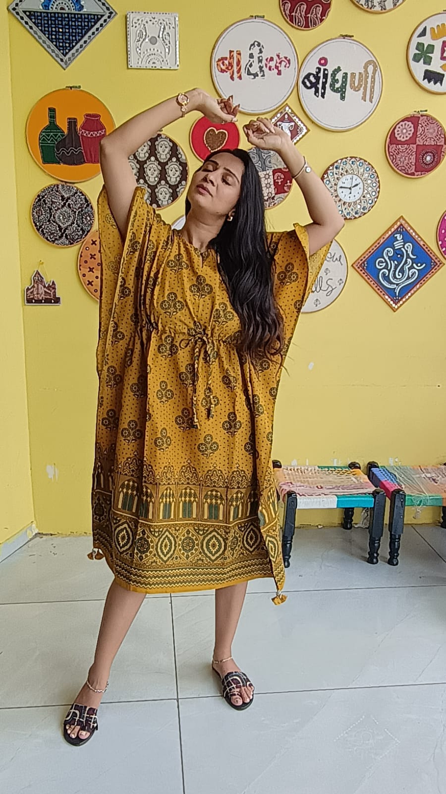 "Krishnavi"Natural handblock cotton free size kaftan