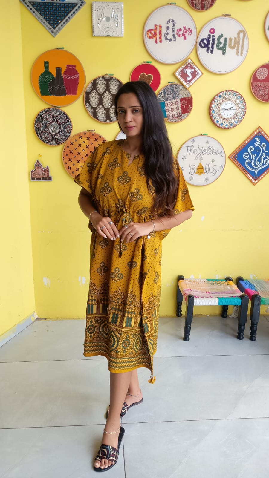 "Krishnavi"Natural handblock cotton free size kaftan