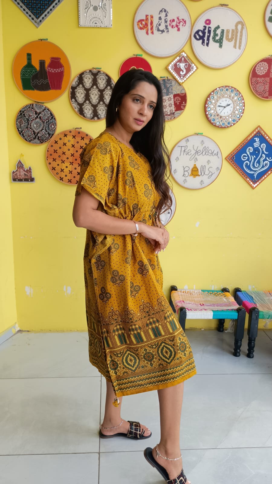 "Krishnavi"Natural handblock cotton free size kaftan