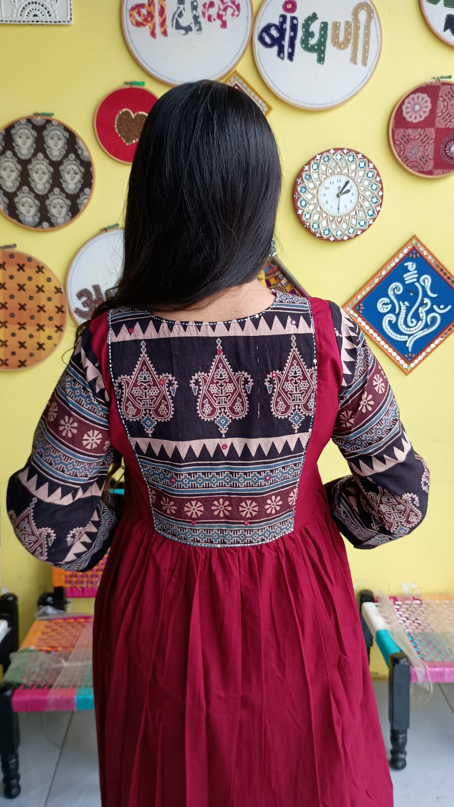 "Pratiti" Maroon Plain cotton natural patch frock style kurti