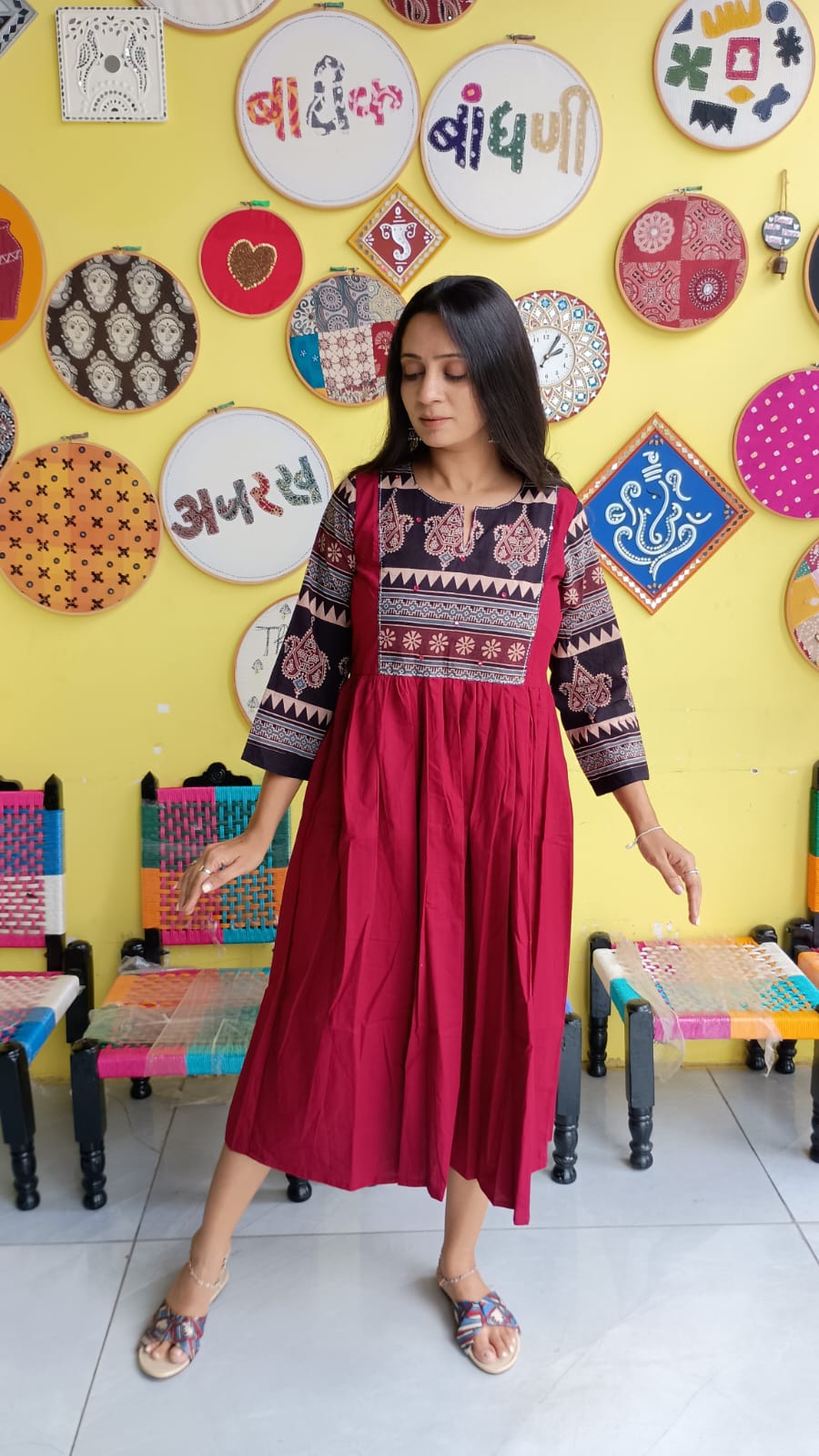 "Pratiti" Maroon Plain cotton natural patch frock style kurti