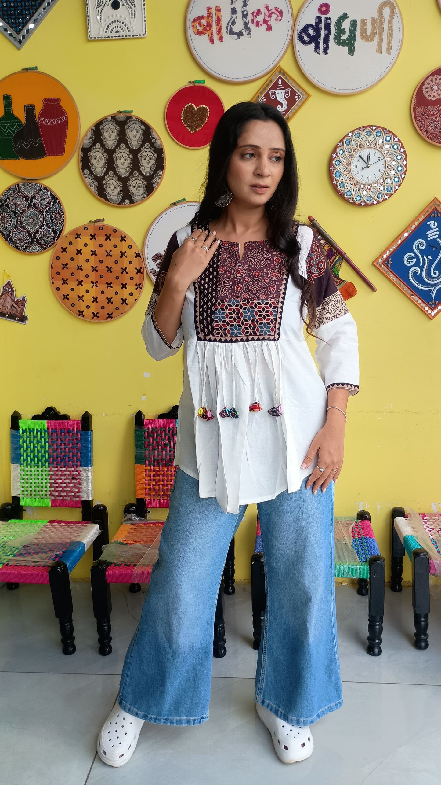 "Rishika" white Plain cotton short top with tassels.