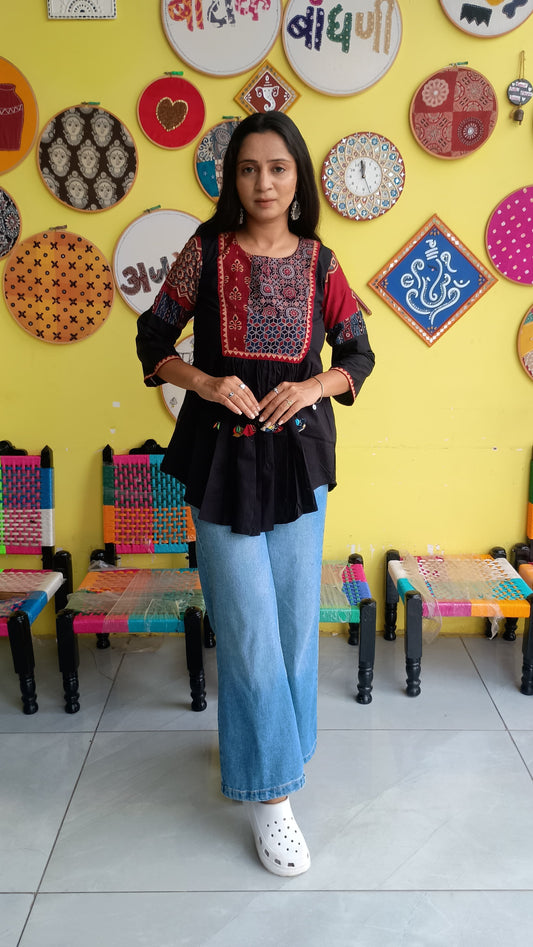 "Rishika" New Black colour plain cotton short top with tassels