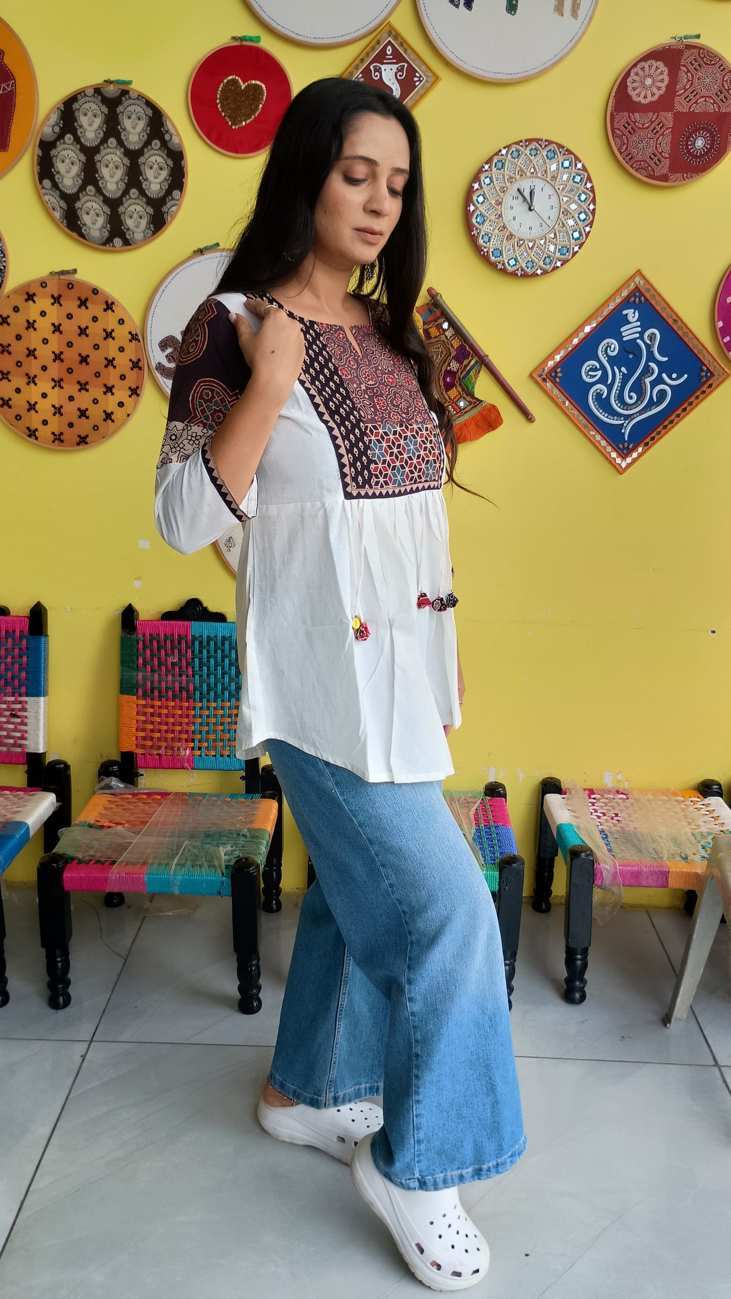 "Rishika" white Plain cotton short top with tassels.