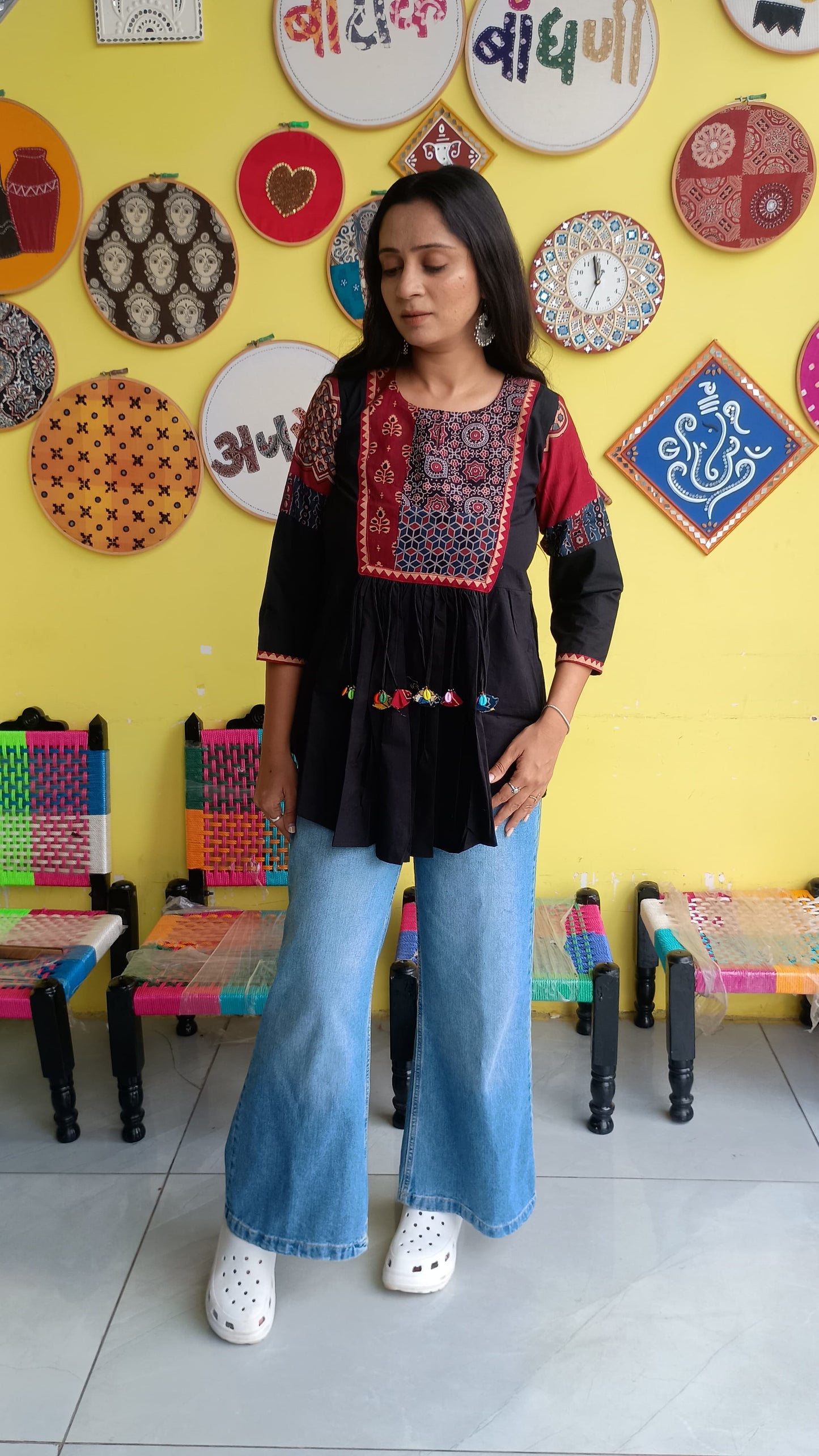 "Rishika" New Black colour plain cotton short top with tassels