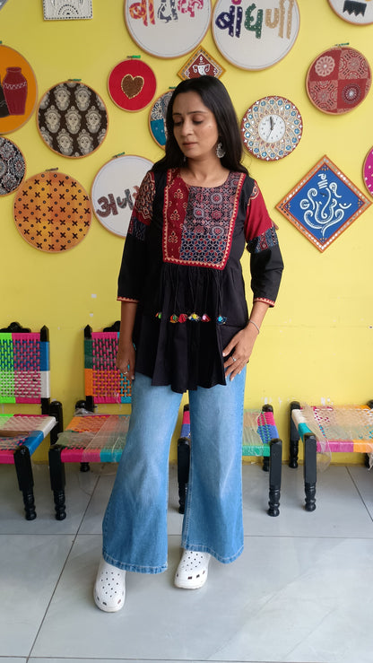 "Rishika" New Black colour plain cotton short top with tassels