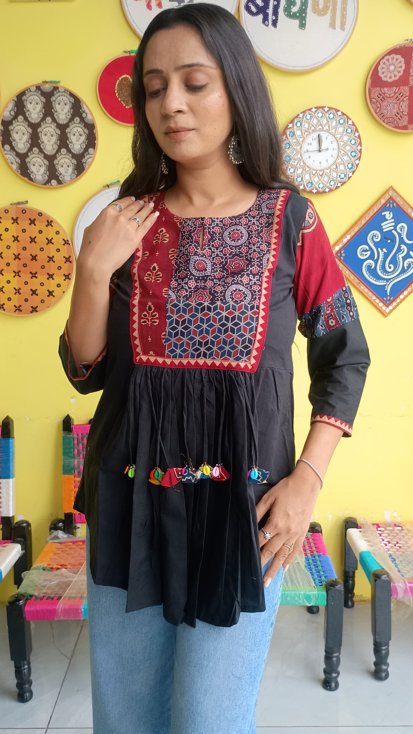 "Rishika" New Black colour plain cotton short top with tassels