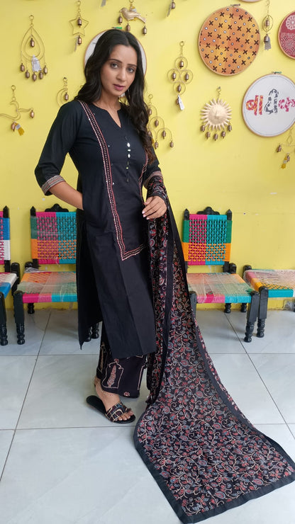 "Anika" Black cotton mirror work kurti pant set with natural cotton dupatta