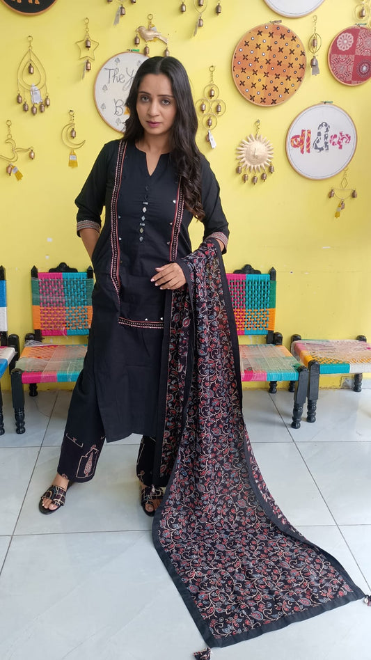 "Anika" Black cotton mirror work kurti pant set with natural cotton dupatta