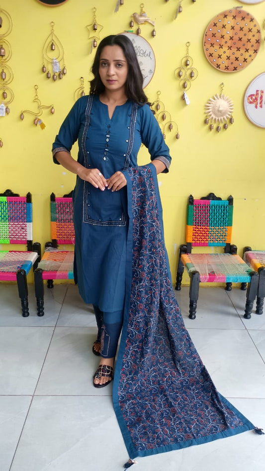 "Anika" Blue cotton mirror work kurti pant set with natural cotton dupatta
