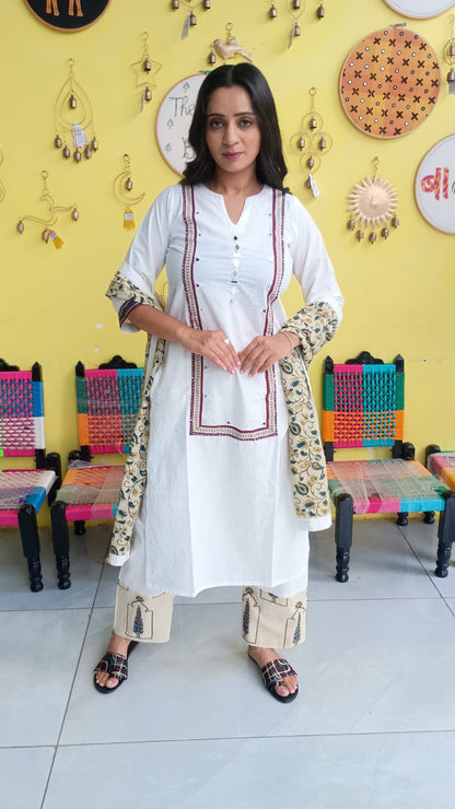 "Anika" White cotton mirror work kurti pant set with natural cotton dupatta