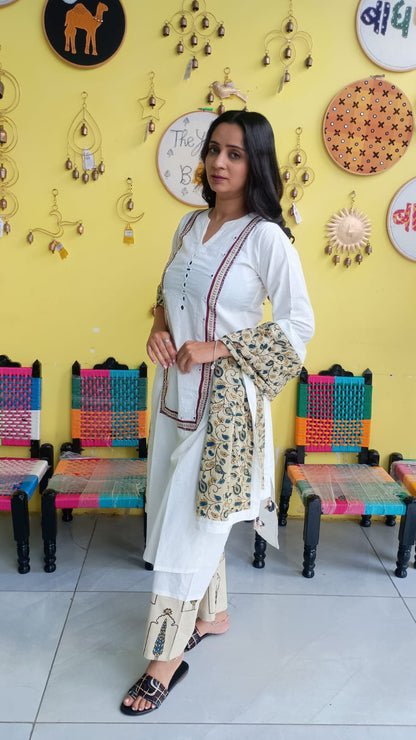 "Anika" White cotton mirror work kurti pant set with natural cotton dupatta