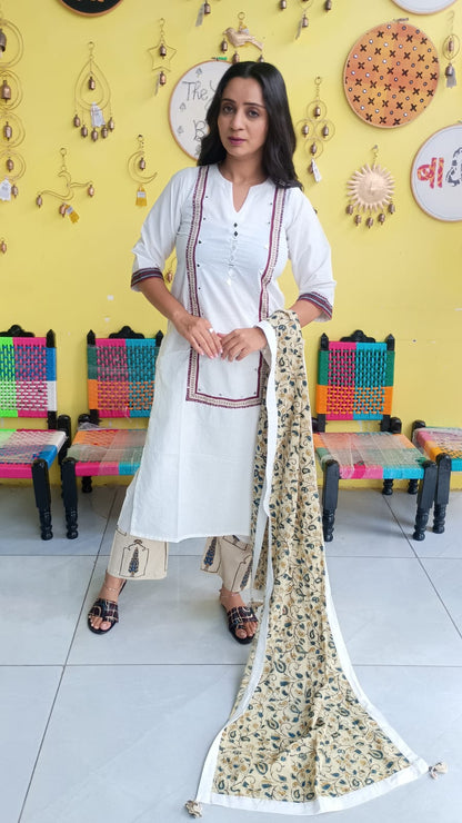 "Anika" White cotton mirror work kurti pant set with natural cotton dupatta
