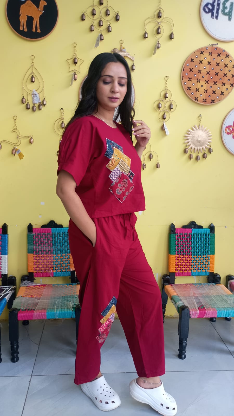 "Sophia"Maroon  Plain cotton crop top pant co-ord set